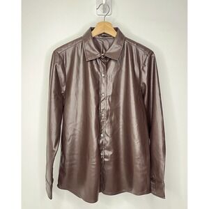J.Mclaughlin Leather Button Up Blouse Womens Large Brown Long Sleeve Designer